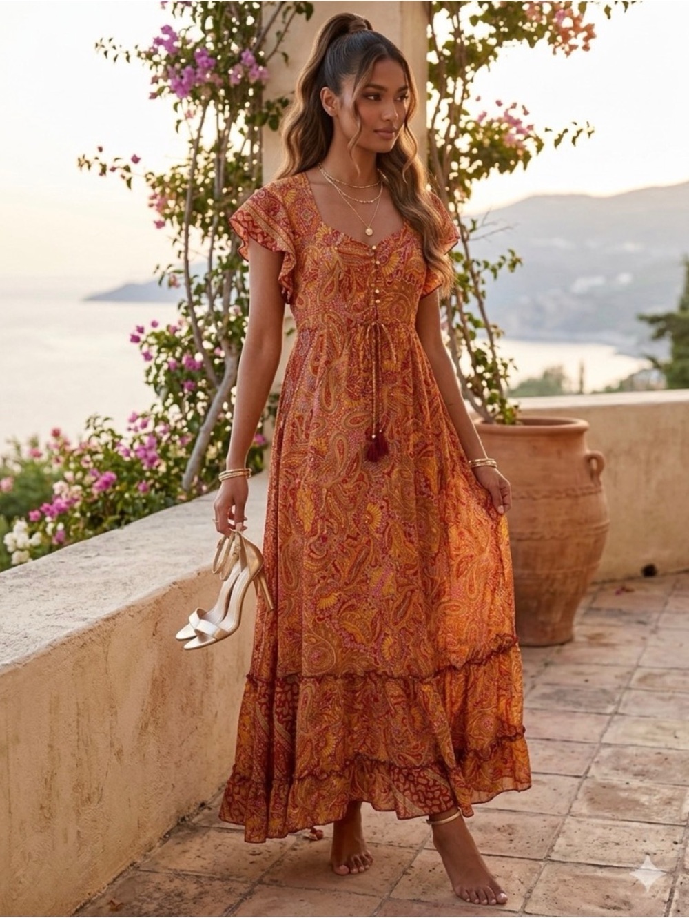 Earthbound Boho Rust Metallic Paisley Open Tie-Back Tiered Smocked Maxi Dress M